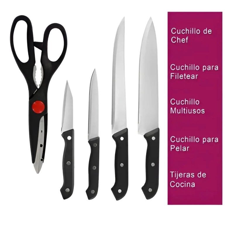 SET CUCHILLOS JUEGO COCINA ACERO INOXIDABLE + TABLA 6 PCS COLOR NEGRO - 1