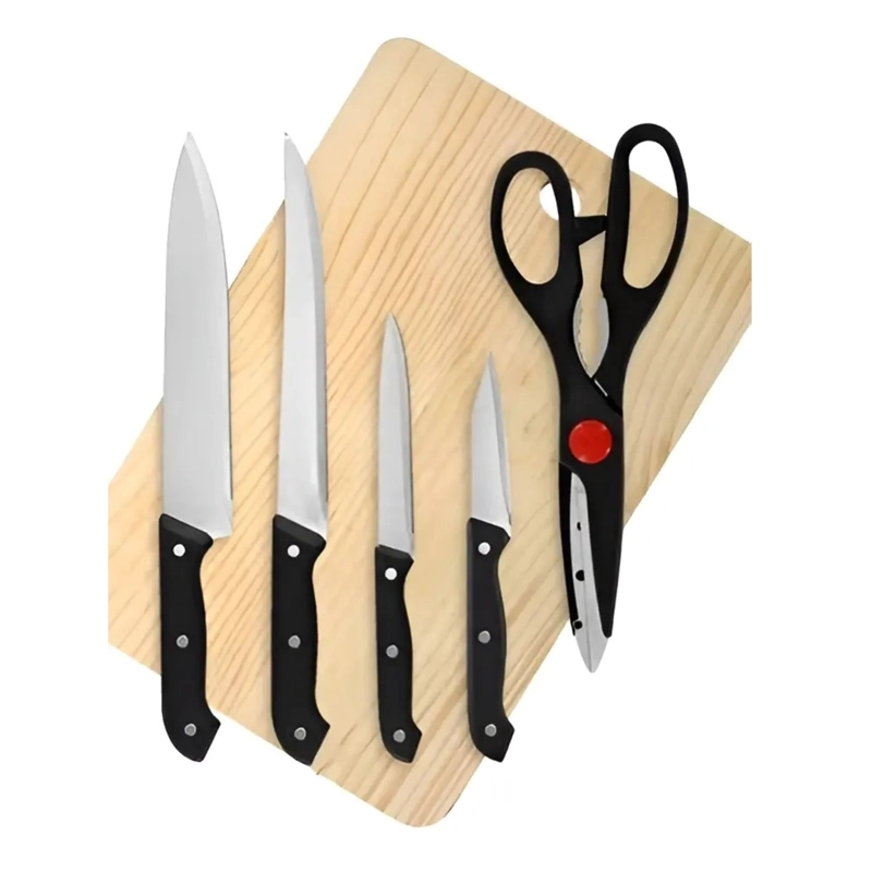 SET CUCHILLOS JUEGO COCINA ACERO INOXIDABLE + TABLA 6 PCS COLOR NEGRO - 3