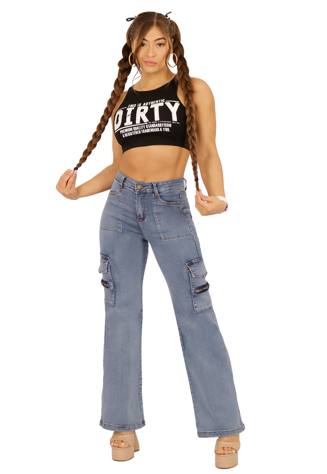 JEANS ALGODÓN MOM MUJER DIRTY JEANS CELESTE JE3705C CARGO ANCHO - 1