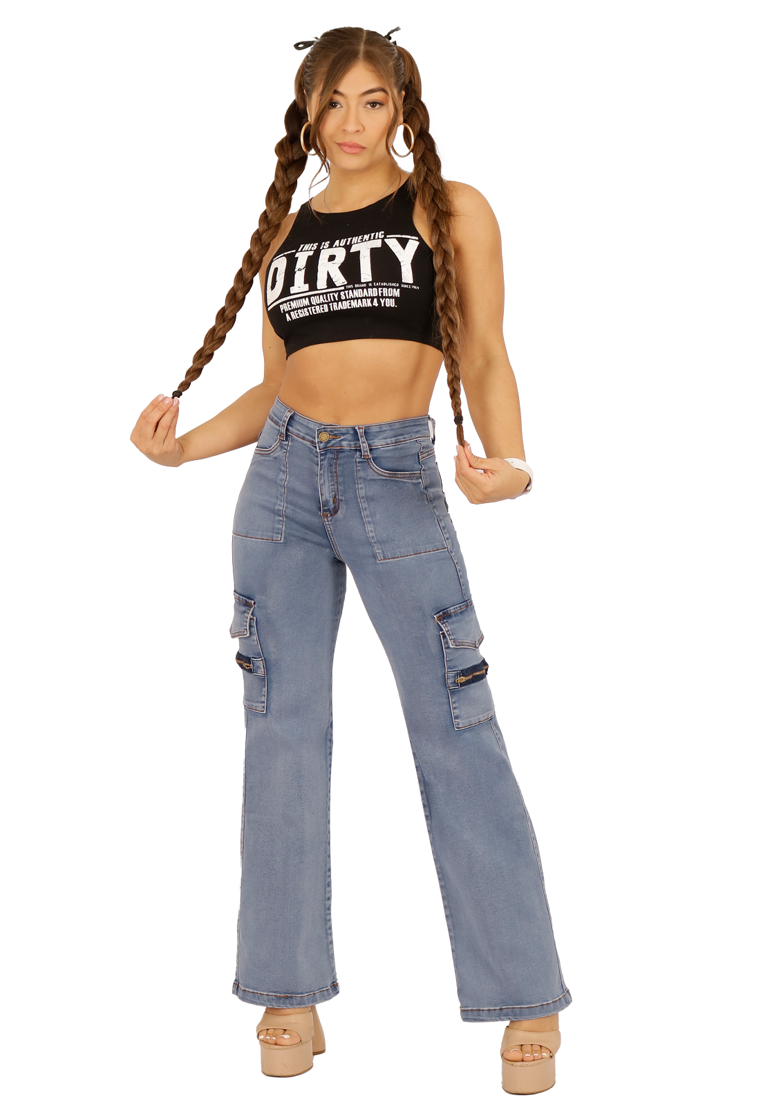 JEANS ALGODÓN MOM MUJER DIRTY JEANS CELESTE JE3705C CARGO ANCHO - 1