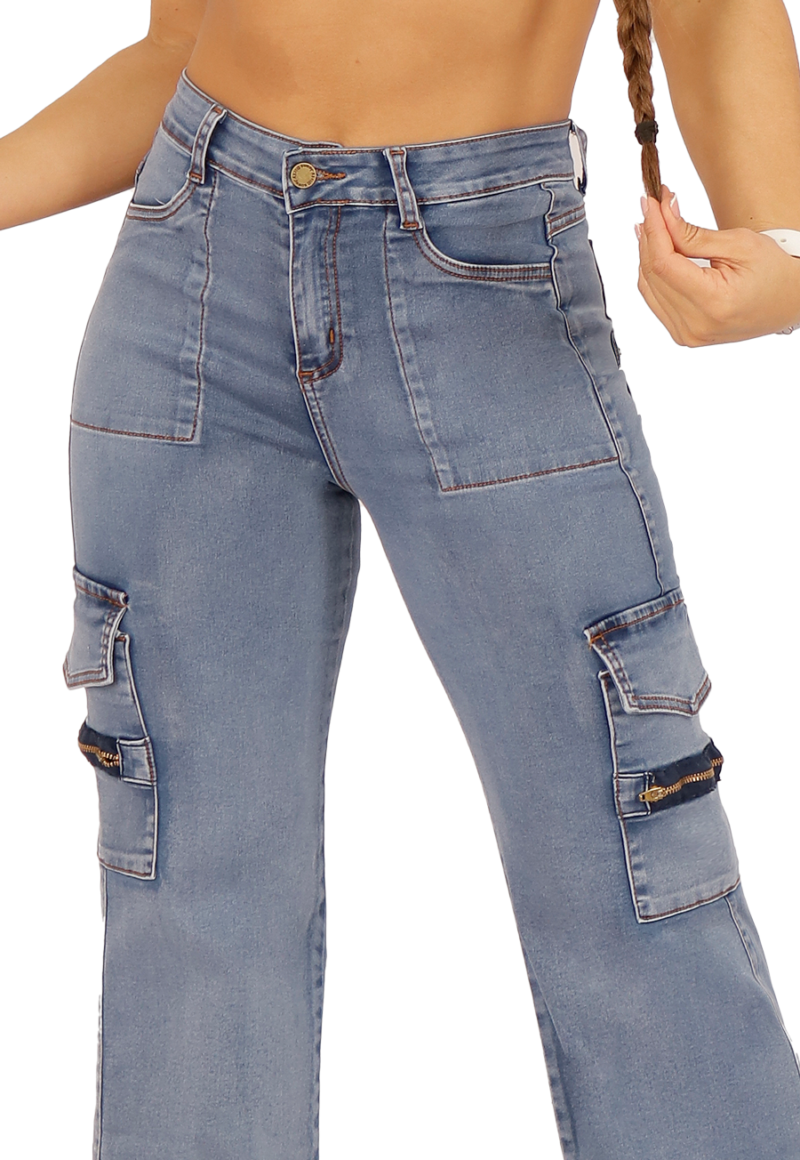 JEANS ALGODÓN MOM MUJER DIRTY JEANS CELESTE JE3705C CARGO ANCHO - 3