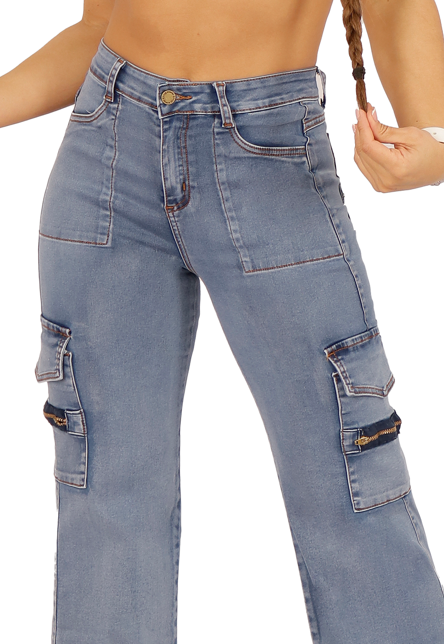 JEANS ALGODÓN MOM MUJER DIRTY JEANS CELESTE JE3705C CARGO ANCHO - 3