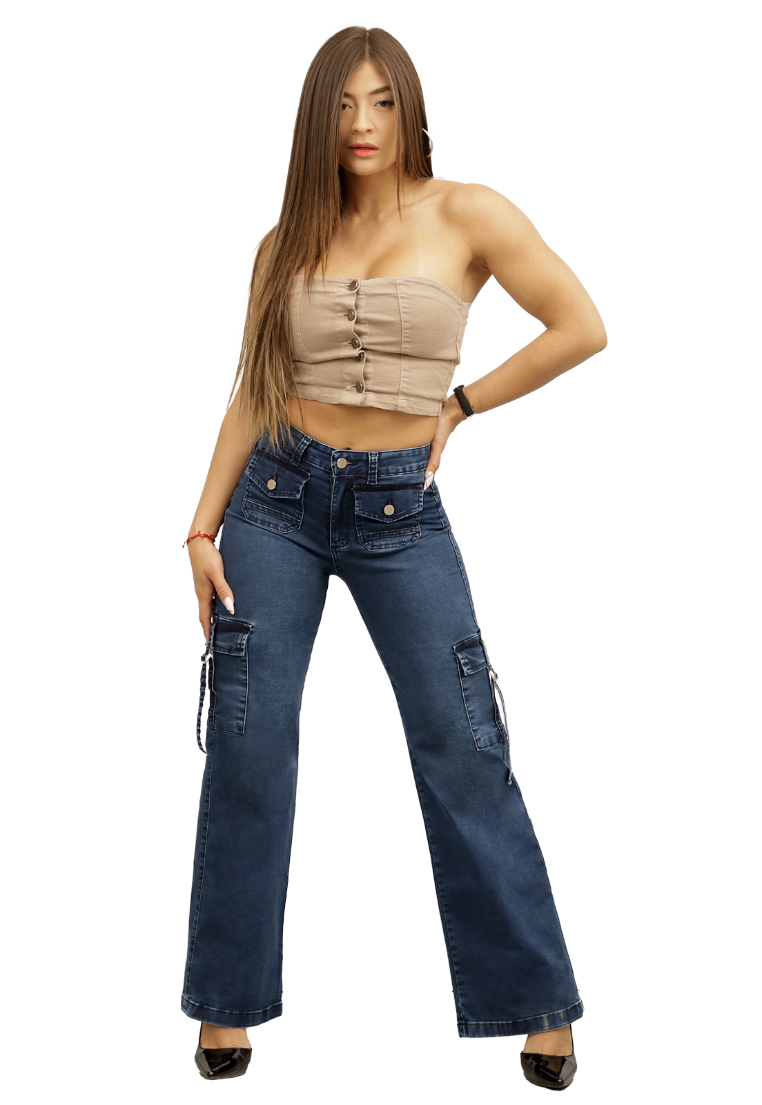 JEANS CARGO RECTO AZUL MUJER 3743A - 1