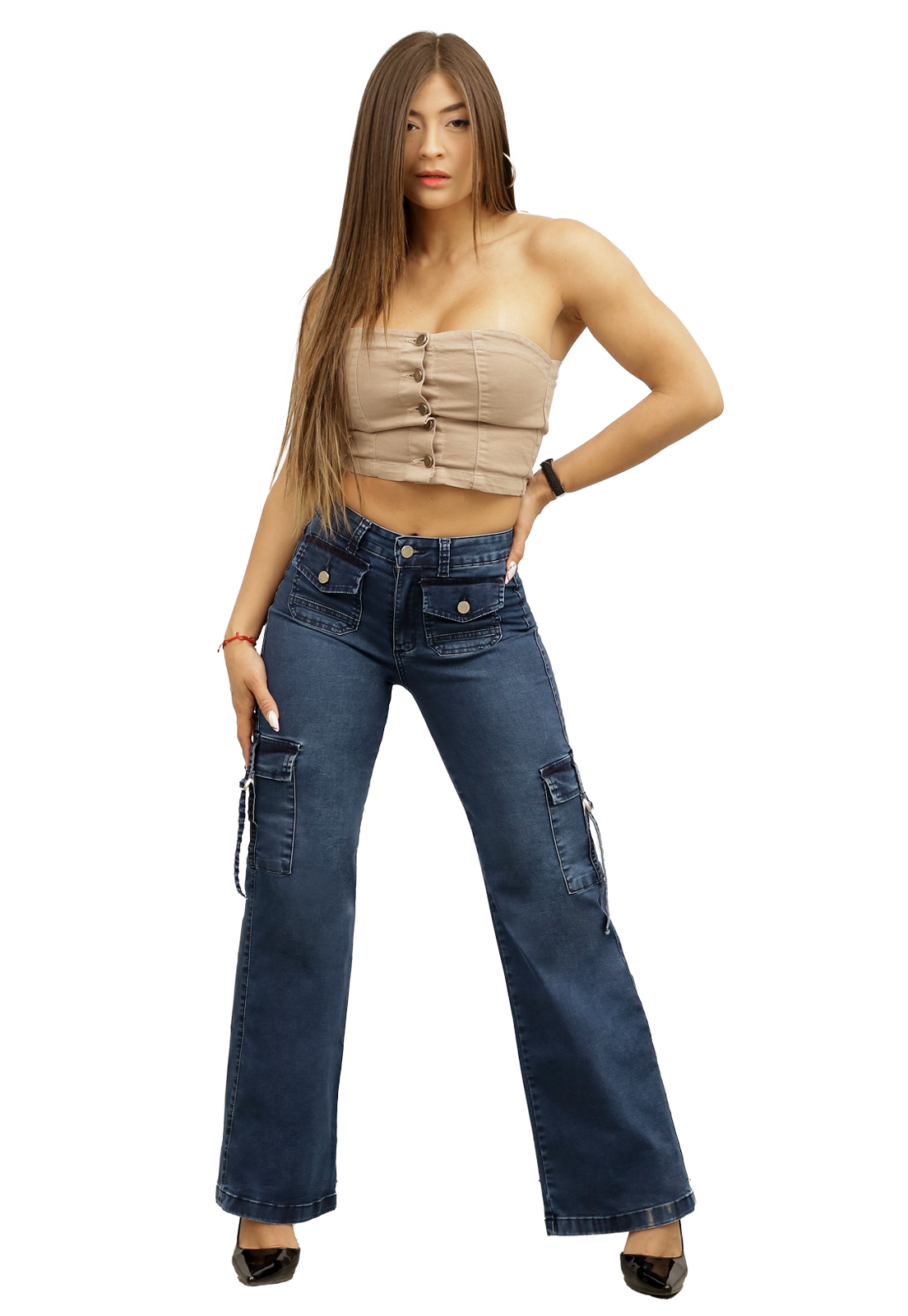 JEANS CARGO RECTO AZUL MUJER 3743A - 1