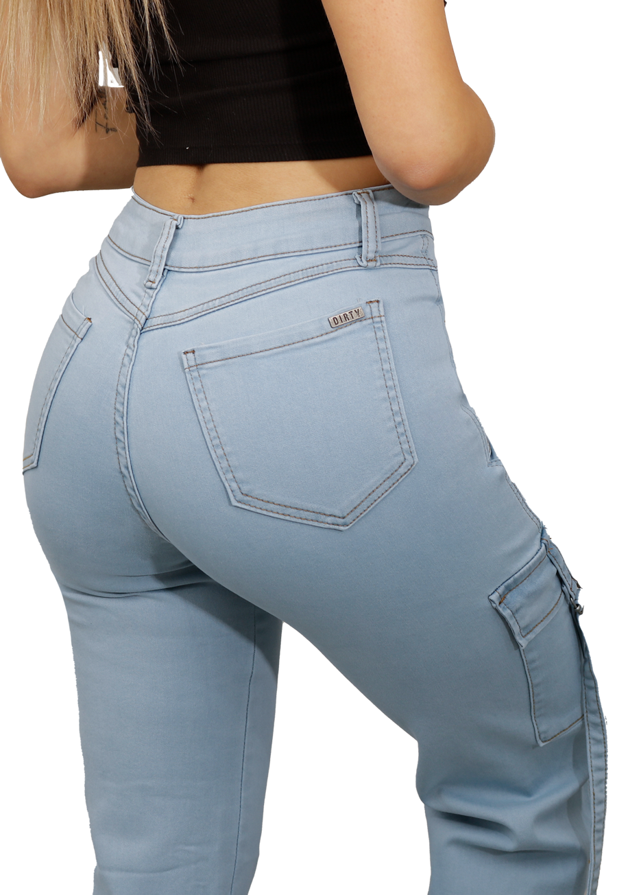 JEAN LARGO ALGODÓN MUJER DIRTY JEANS CELESTE CARGO JE3278C2B - 4