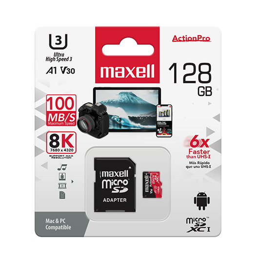 TARJETA MICROSD MAXELL 128GB UH-3 8K A1 100MB/S - 2