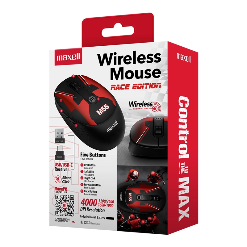 MOUSE INALÁMBRICO MAXELL DISEÑO RACE 4000DPI USB/USB-C M55 - 4
