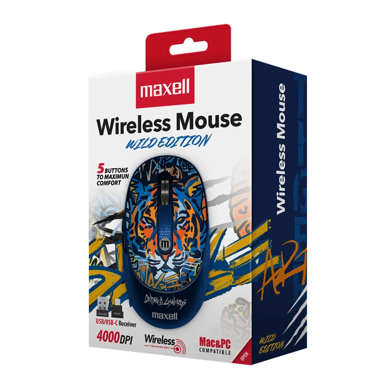 MOUSE INALÁMBRICO MAXELL DISEÑO WILD 4000DPI USB/USB-C TIGRE - 4