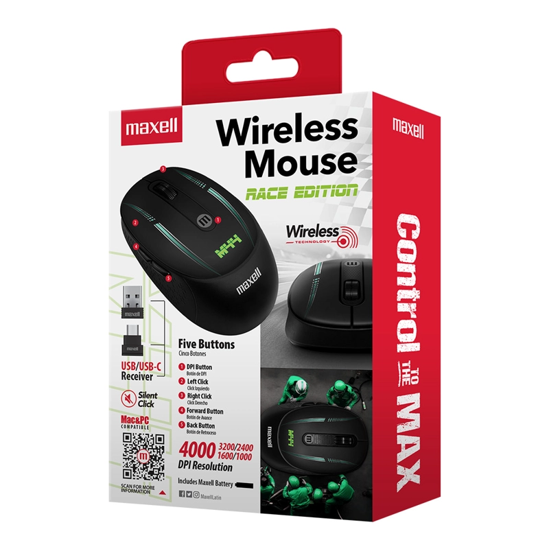 MOUSE INALÁMBRICO MAXELL DISEÑO RACE 4000DPI USB/USB-C M44 - 4