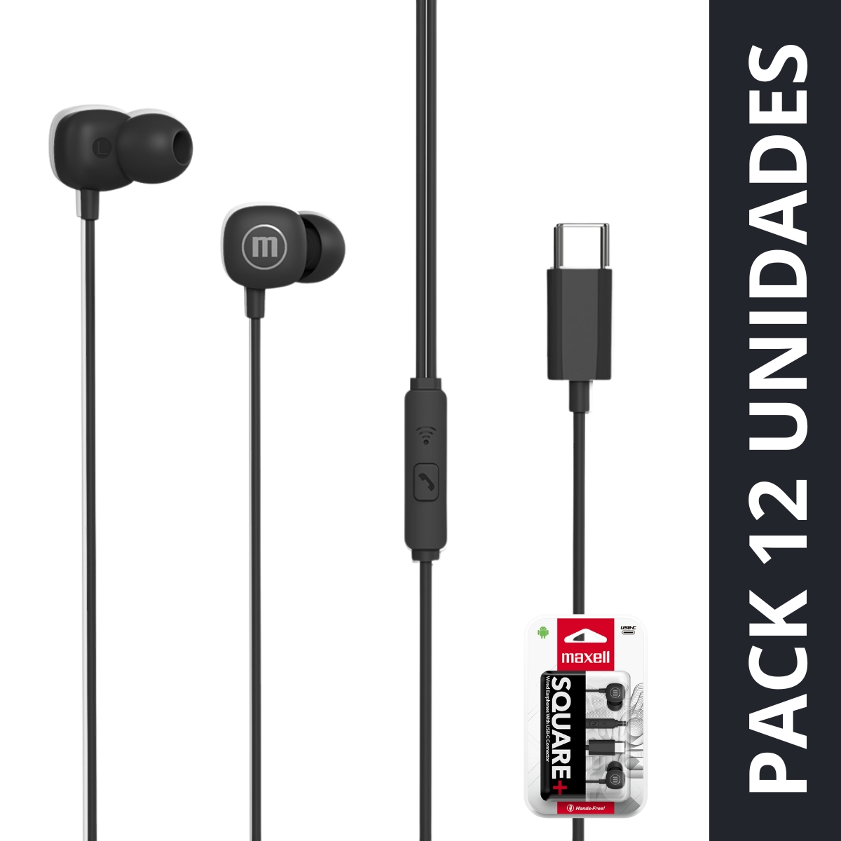 PACK 12 AUDÍFONOS MAXELL TIPO C SQUARE EN COLOR NEGRO - 1