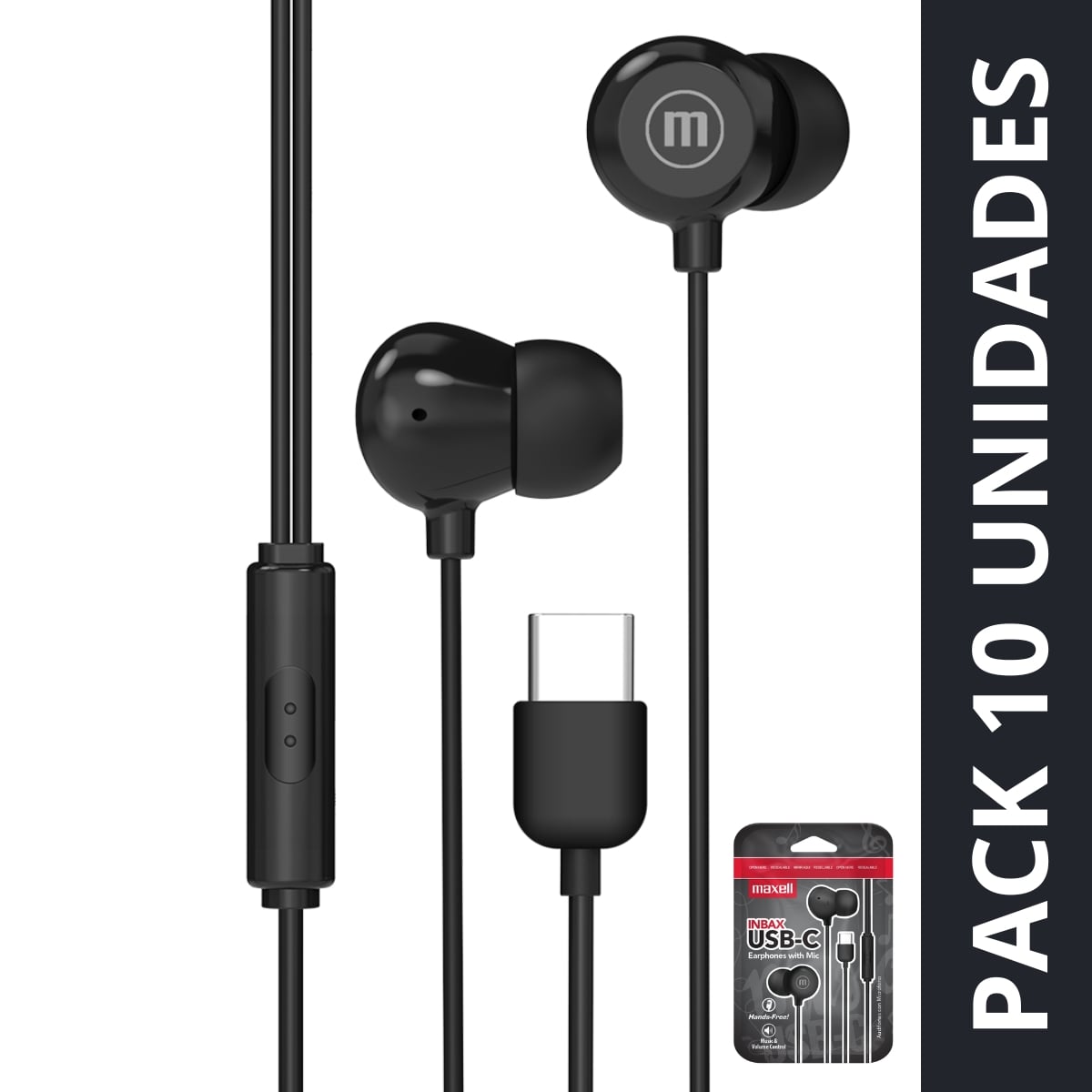 PACK 10 AUDÍFONOS MAXELL IN-BAX CON MICRÓFONO IN EAR TIPO C NEGRO - 1