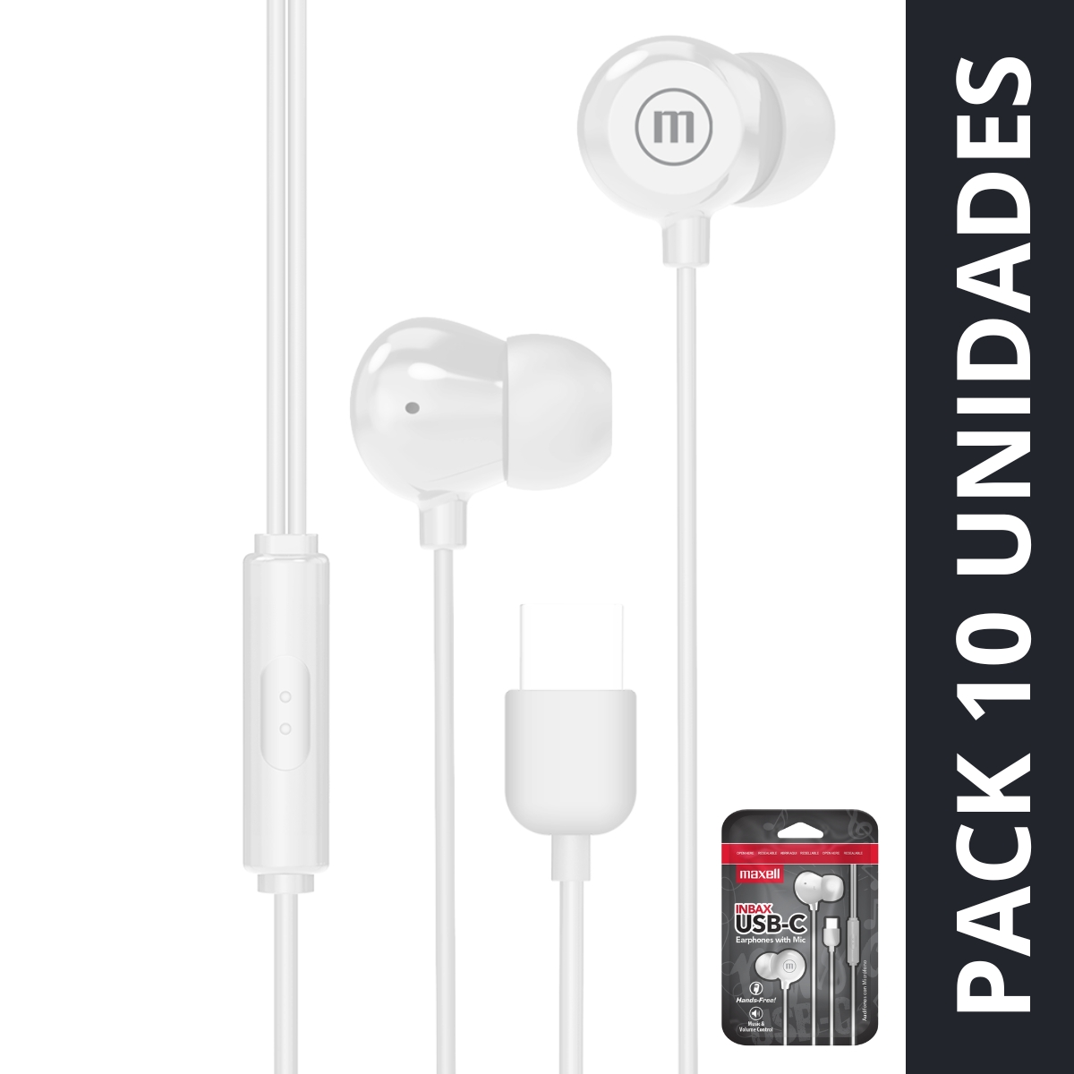PACK 10 AUDÍFONOS MAXELL IN-BAX CON MICRÓFONO IN EAR TIPO C BLANCO - 1