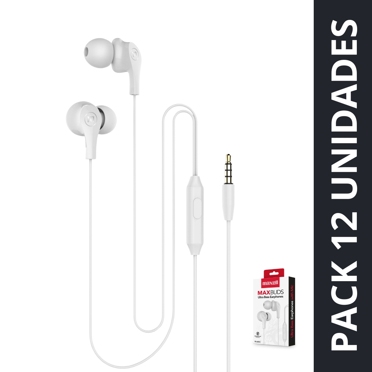 PACK 12 AUDÍFONOS MAXELL IN EAR ESTÉREO CON MICROFONO BLANCO - 1