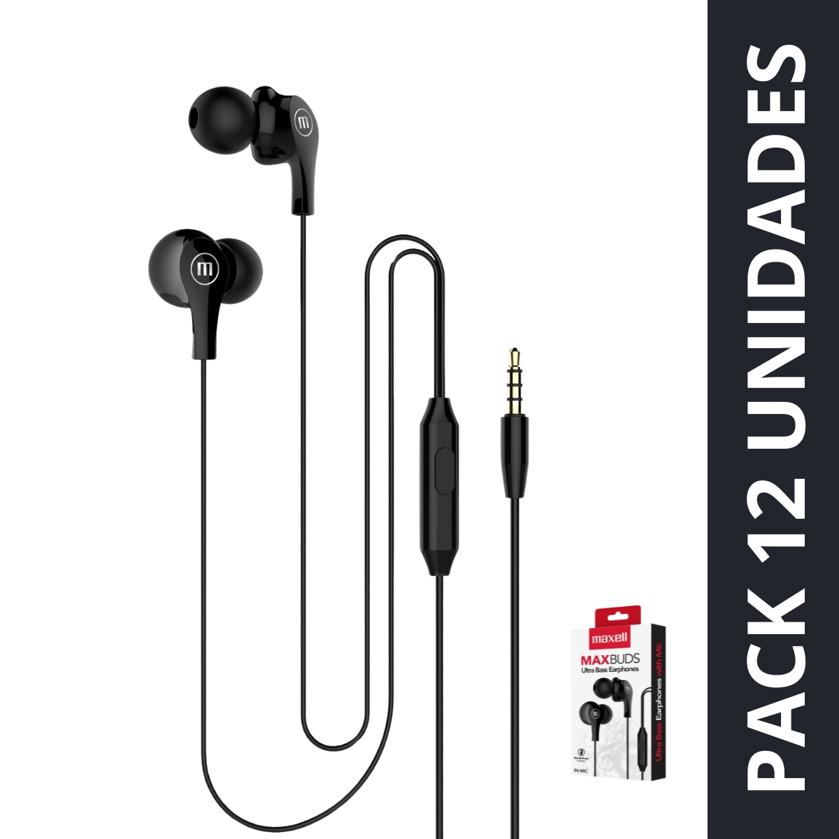 PACK 12 AUDÍFONOS MAXELL IN EAR ESTÉREO CON MICROFONO NEGRO - 1
