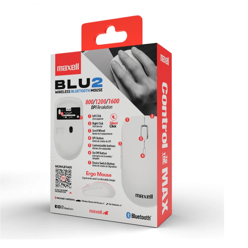 MOUSE BLUETOOTH INALAMBRICO MAXELL BLU2 1600 DPI CLIC SILENCIOSO BLANCO - 5