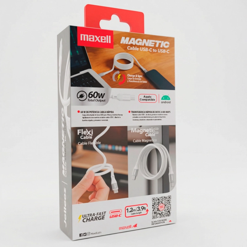 CABLE MAGNE TICO 60W USB C A USB C MAXELL 1.2 METROS CARGA RAPIDA BLANCO - 6