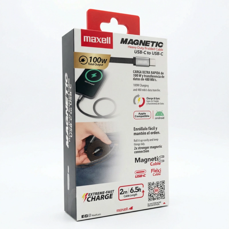CABLE TRENZADO MAGNE TICO 100W USB C A USB C MAXELL 2 METROS CARGA RAPIDA NEGRO - 7