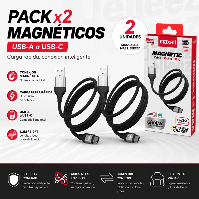 PACK 2 CABLE CARGA RAPIDA 60W USB A USB TIPO C MAXELL 1.2M - 3