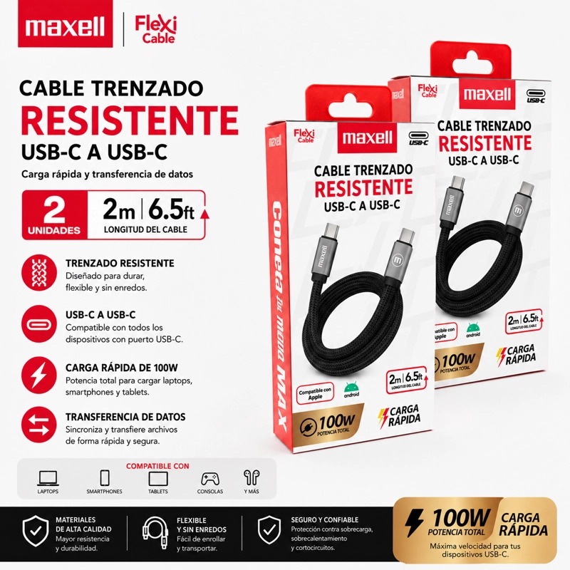 PACK 2 CABLE TRENZADO MAGNE TICO 100W USB C A USB C MAXELL 2 METROS CARGA RAPIDA NEGRO - 3