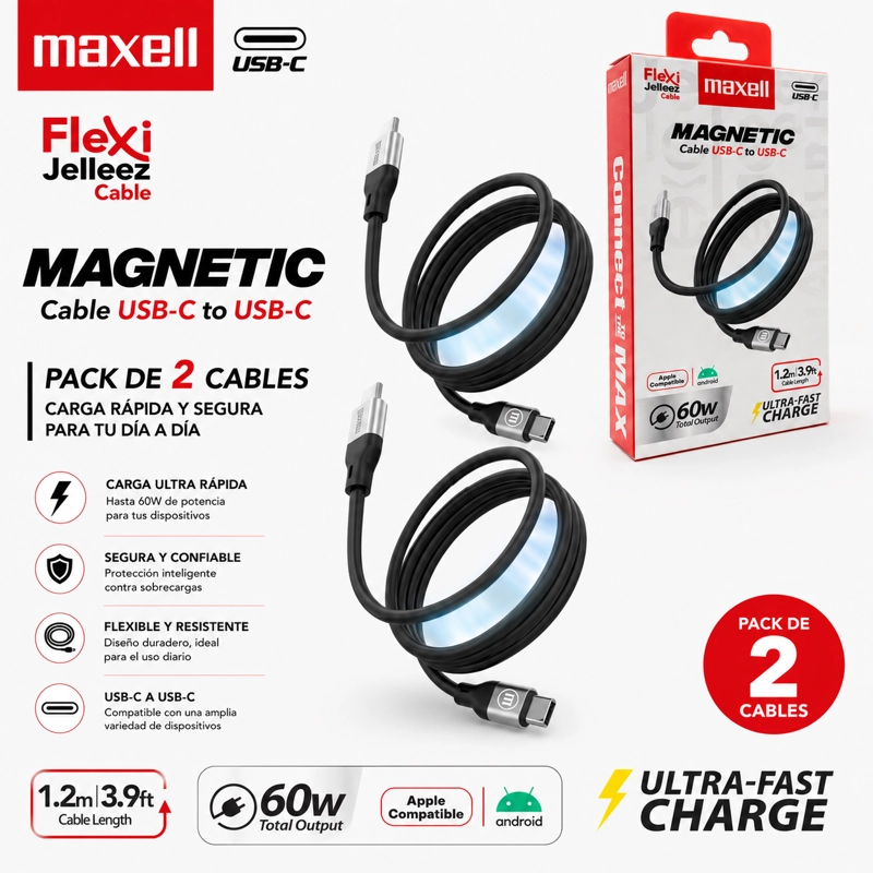 PACK 2 CABLE MAGNE TICO 60W USB C A USB C MAXELL 1.2 METROS CARGA RAPIDA NEGRO - 3