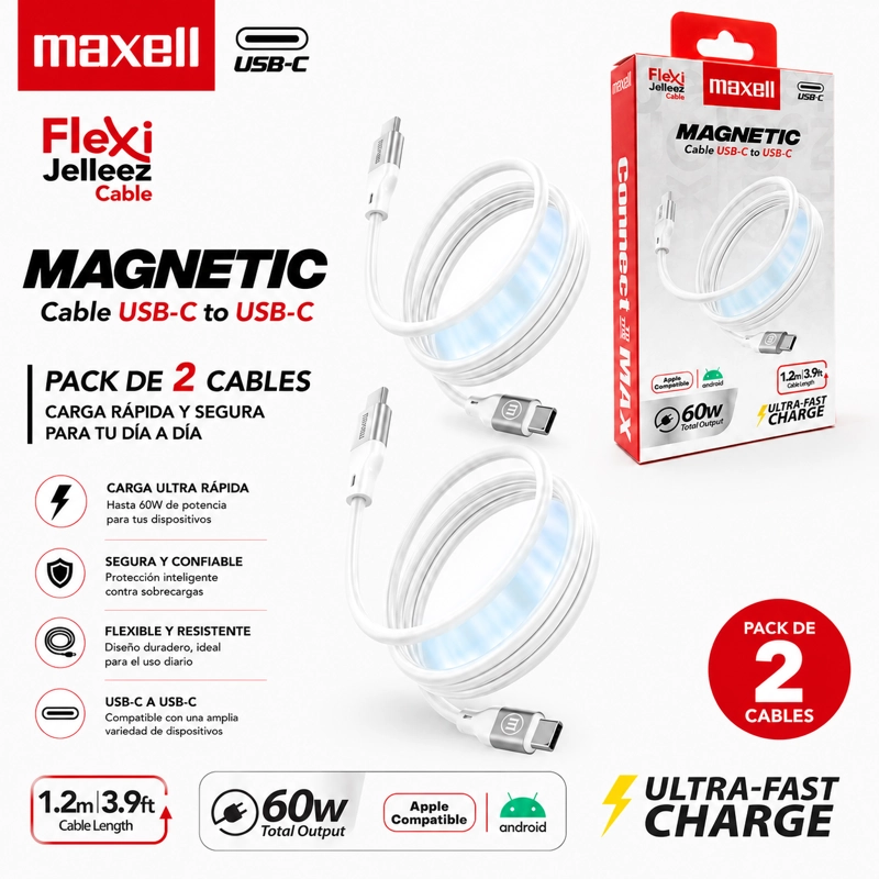 PACK 2 CABLE MAGNE TICO 60W USB C A USB C MAXELL 1.2 METROS CARGA RAPIDA NEGRO - 3