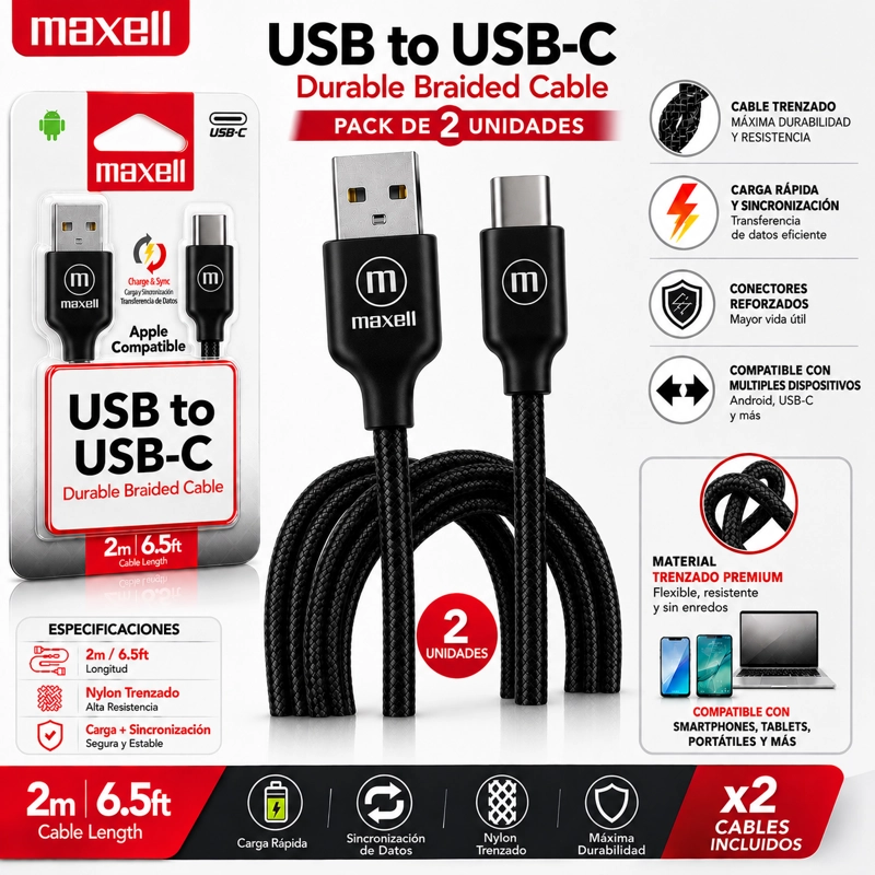 PACK 2 CABLE TRENZADO USB A USB C MAXELL 2 METROS CARGA RAPIDA NEGRO - 3