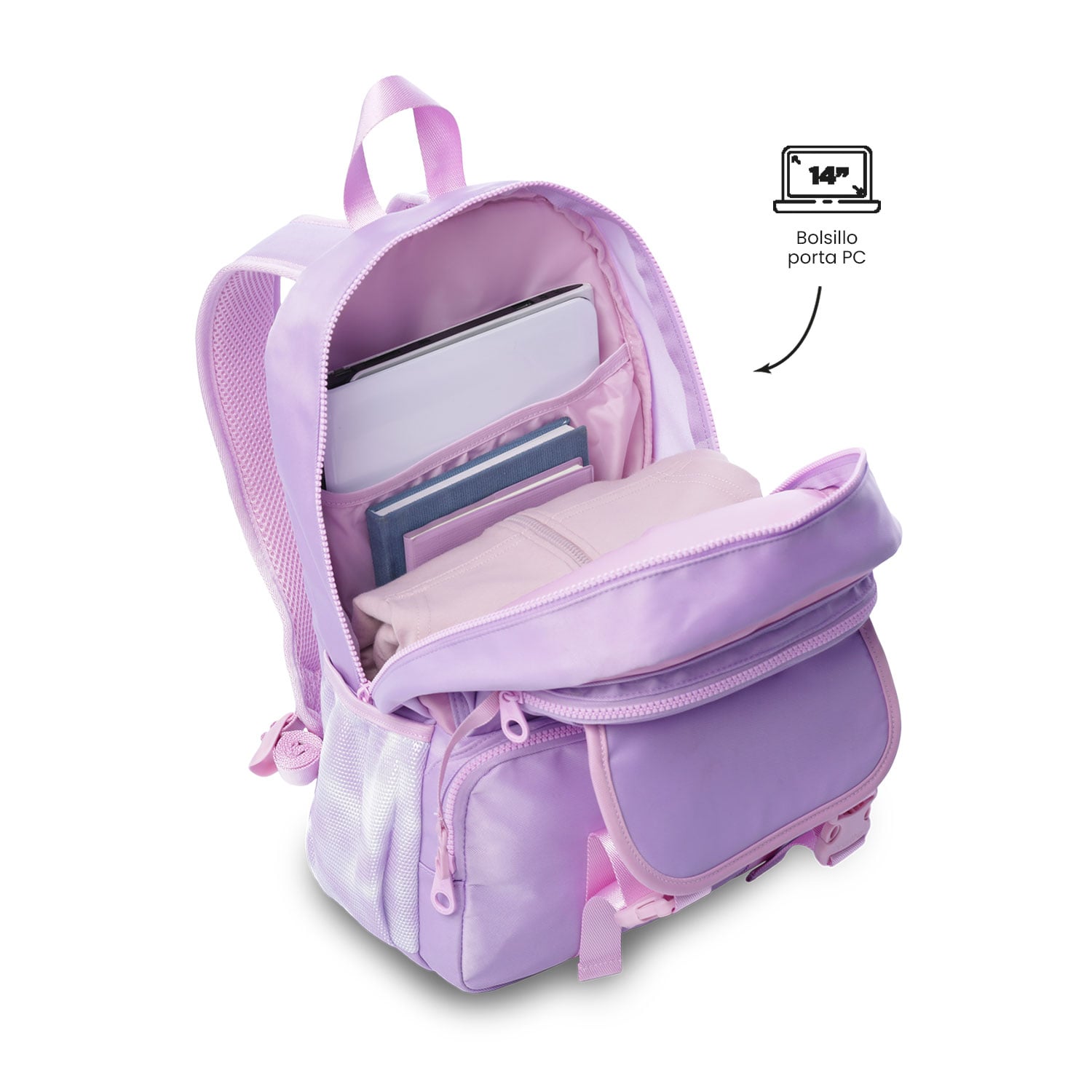 MOCHILA DE VIAJE PARA CABINA TOTTO PORTA NOTEBOOK 14' PARA NIÑA CLUW MORADO - 5