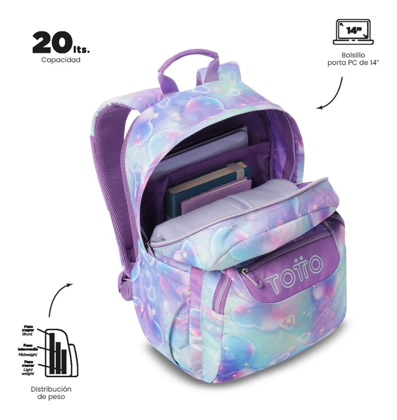 MOCHILA ESCOLAR JUVENIL PORTA PC 14  ACUARELA MORADA - 5
