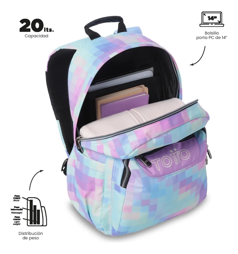 MOCHILA ESCOLAR JUVENIL PORTA PC 14  ACUARELA GLITTER AZUL - 5