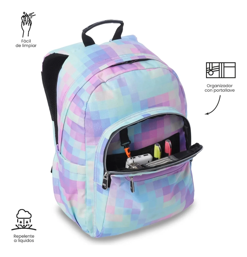 MOCHILA ESCOLAR JUVENIL PORTA PC 14  ACUARELA GLITTER AZUL - 6