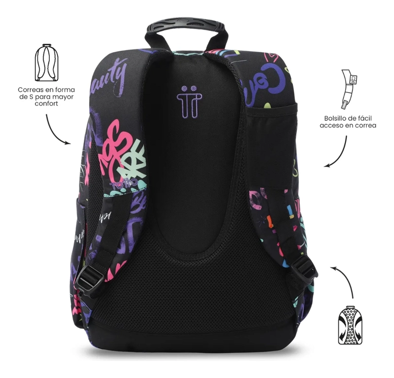 MOCHILA ESCOLAR JUVENIL PORTA PC 14  ACUARELA NEGRA - 4