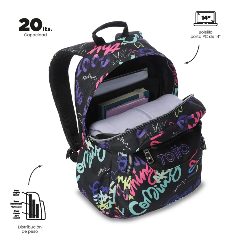 MOCHILA ESCOLAR JUVENIL PORTA PC 14  ACUARELA NEGRA - 5