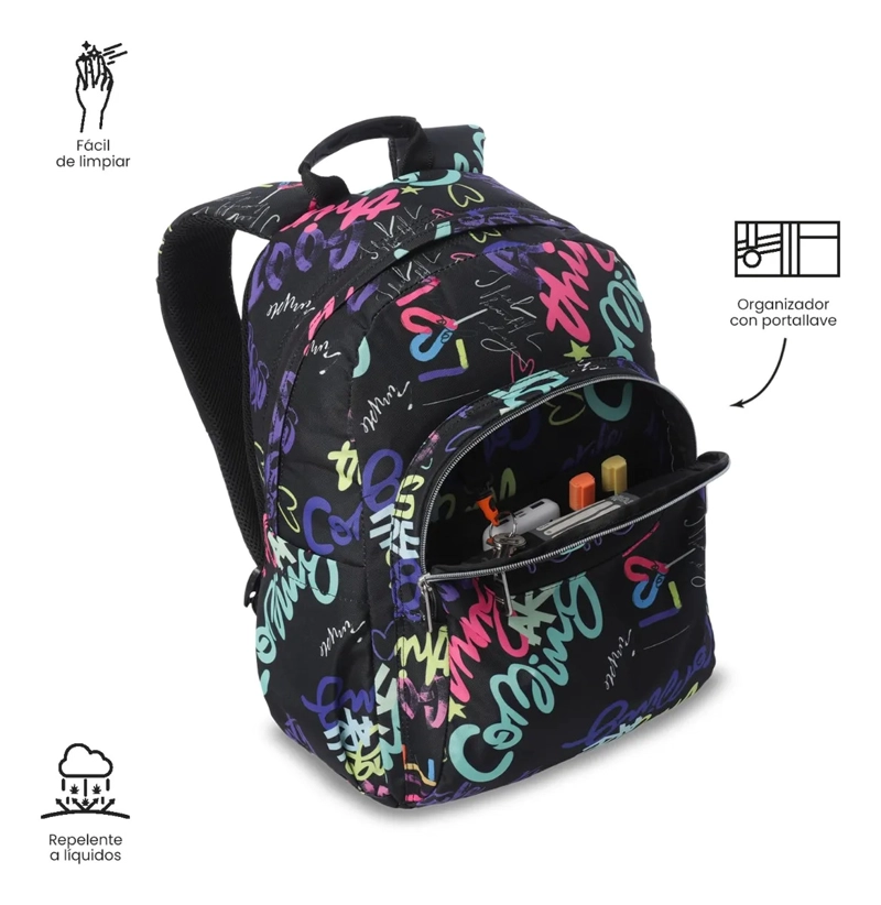 MOCHILA ESCOLAR JUVENIL PORTA PC 14  ACUARELA NEGRA - 6