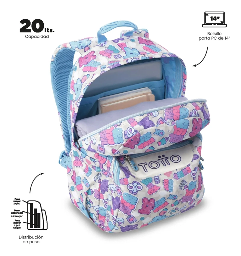 MOCHILA ESCOLAR JUVENIL PORTA PC 14  ACUARELA BLANCA - 5