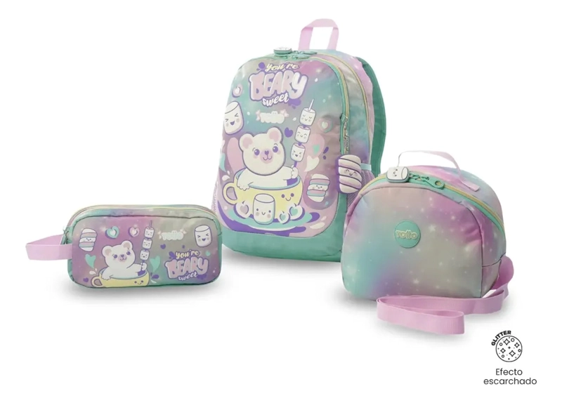 PACK ESCOLAR NIÑA X3 MORRAL +LONCHERA+MULTIUSO MELLOW GRIS - 1
