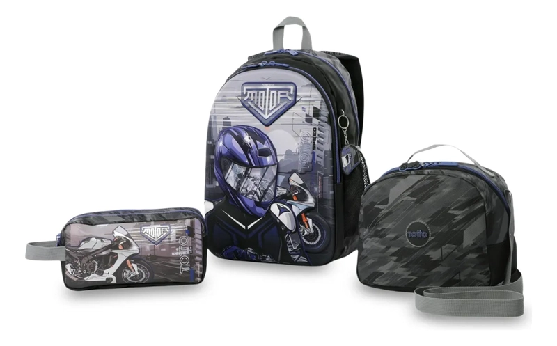PACK ESCOLAR X3 MORRAL +LONCHERA+MULTIUSO HELMET RACER NEGRO - 1
