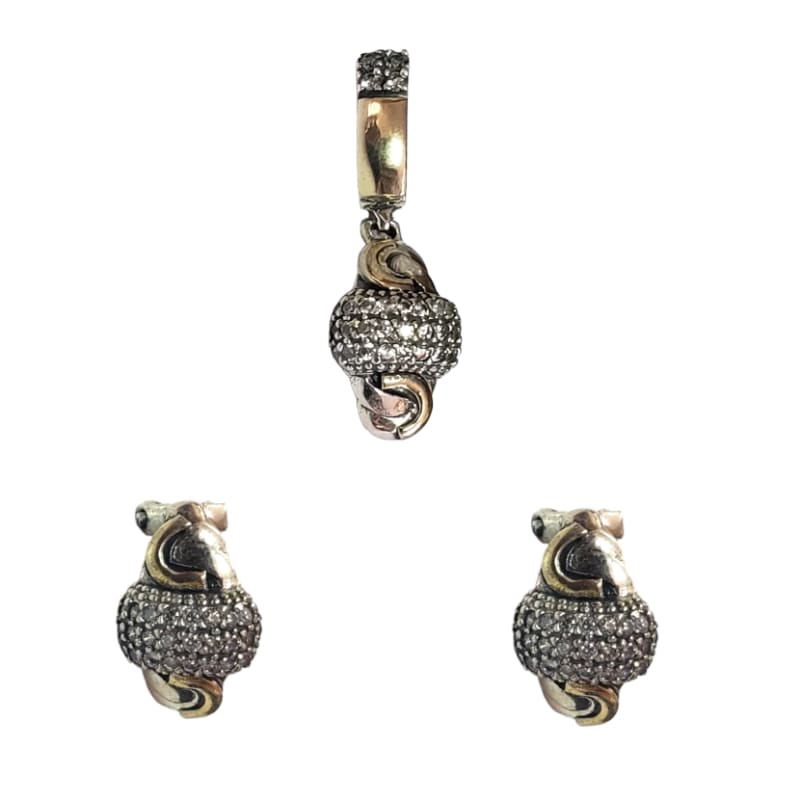 CONJUNTO AROS Y DIJE DE PLATA ENTRELAZADO ORO Y PIEDRAS - 1