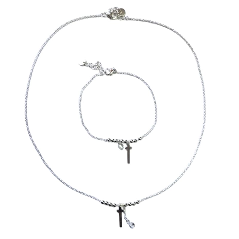 CONJUNTO COLGANTE Y PULSERA CRUZ Y PIEDRA PLATA ITALIANA 925 - 1