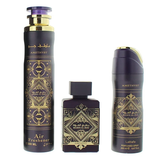LATTAFA BADEE AL OUD AMETHYST ESTUCHE EDP 100ML+200ML SPRAY+300ML AIR FRESHENER UNISEX - 1