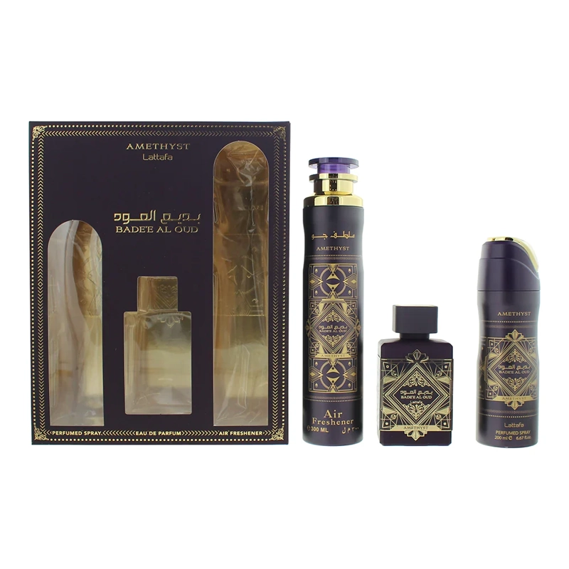 LATTAFA BADEE AL OUD AMETHYST ESTUCHE EDP 100ML+200ML SPRAY+300ML AIR FRESHENER UNISEX - 2