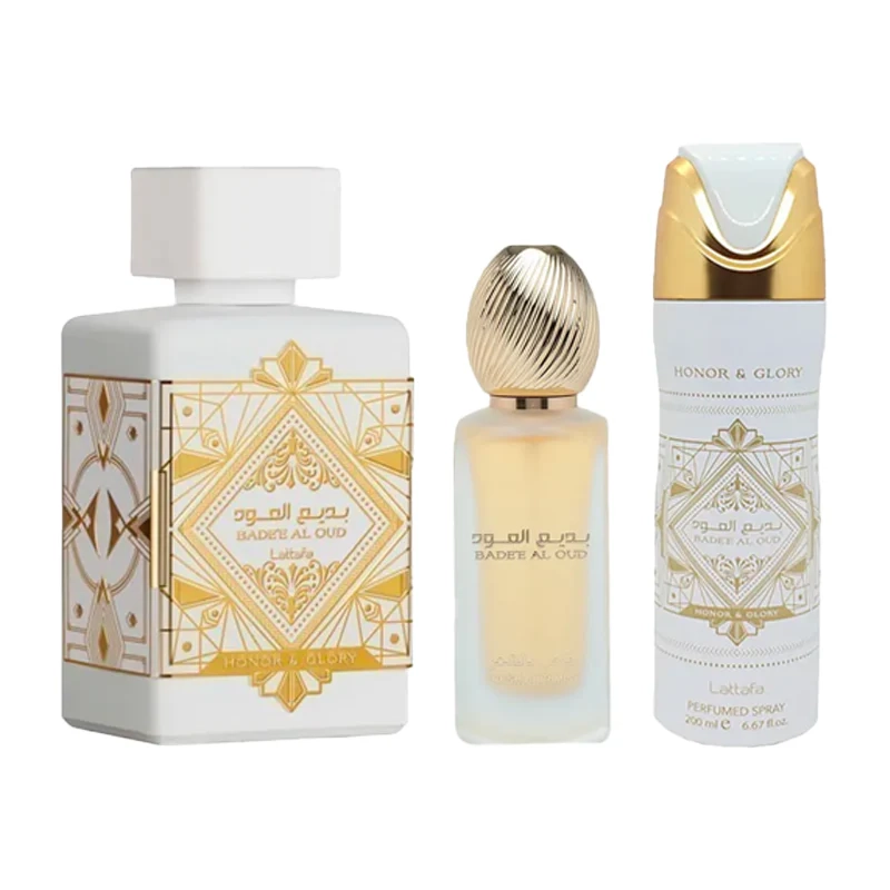 LATTAFA BADEE AL OUD HONOR & GLORY ESTUCHE EDP 100ML+200ML SPRAY+50ML HAIR MIST UNISEX - 1