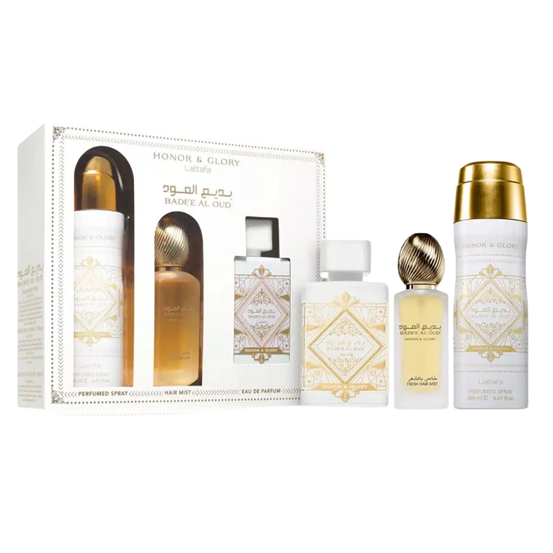 LATTAFA BADEE AL OUD HONOR & GLORY ESTUCHE EDP 100ML+200ML SPRAY+50ML HAIR MIST UNISEX - 2