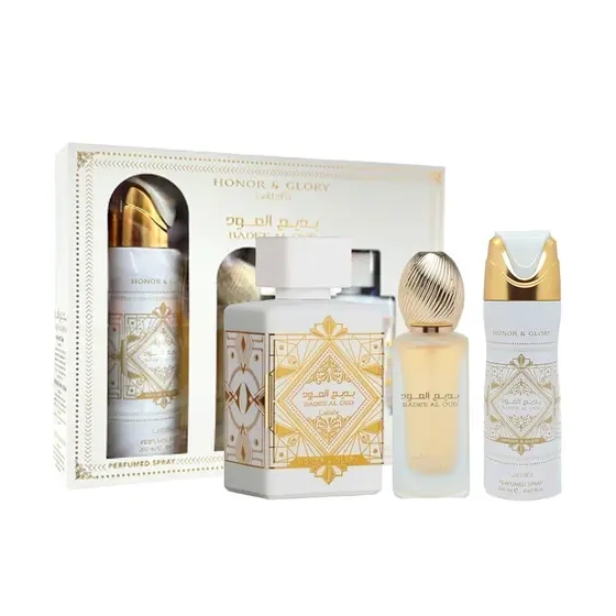 LATTAFA BADEE AL OUD HONOR & GLORY ESTUCHE EDP 100ML+200ML SPRAY+50ML HAIR MIST UNISEX - 3