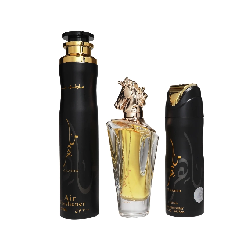 LATTAFA MAAHIR ESTUCHE EDP 100ML + PERFUME SPRAY 200ML + AIR FRESHENER 300ML HOMBRE - 1