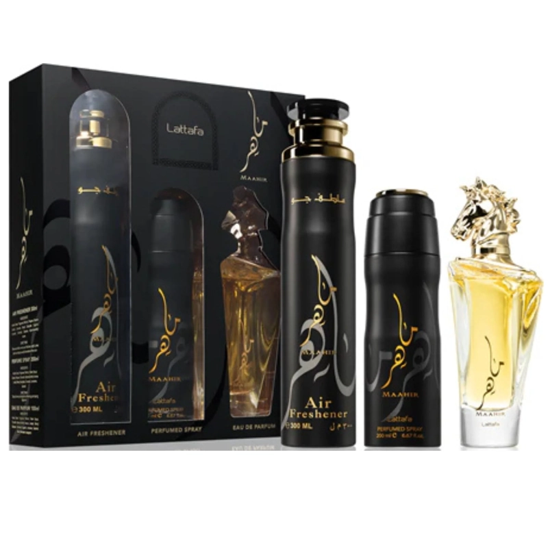 LATTAFA MAAHIR ESTUCHE EDP 100ML + PERFUME SPRAY 200ML + AIR FRESHENER 300ML HOMBRE - 2