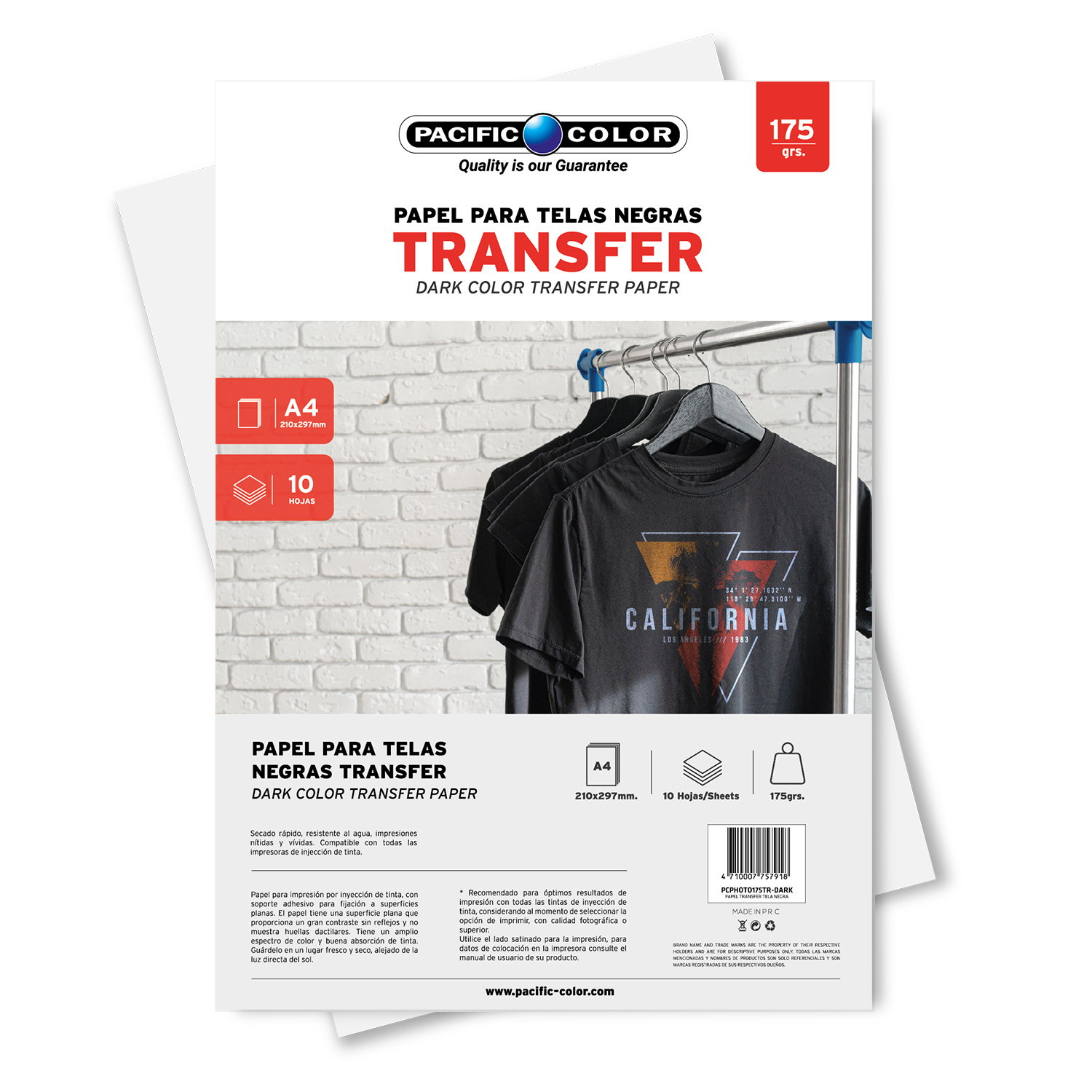 PAPEL TRANSFER PACIFIC COLOR PREMIUM PARA POLERAS OSCURAS A4 175GR 10 HOJAS - 1