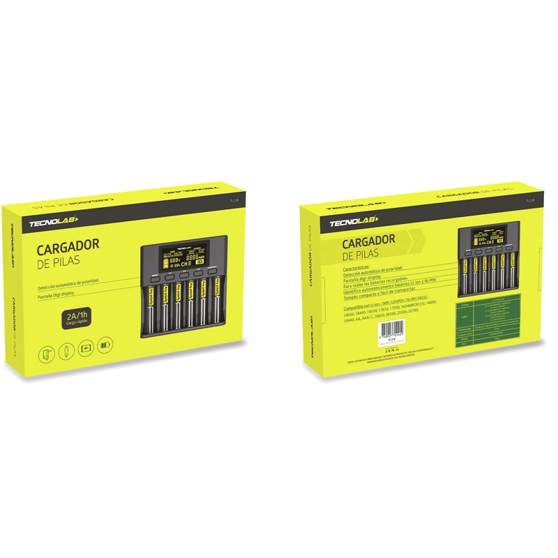 CARGADOR TECNOLAB PILAS 18650 26650 21700 18350 AA AAA 3.7V / 3.2V / 1.2V / NIMH LITHIUM - 3