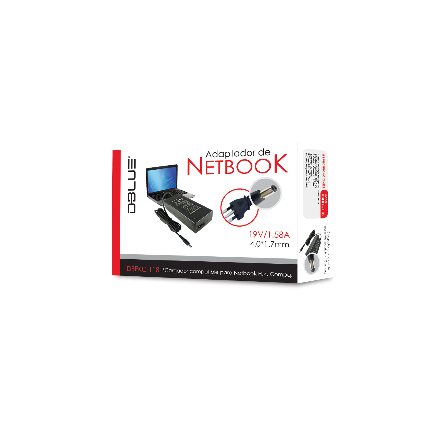 CARGADOR DBLUE NETBOOK 19V/1 58A COMPATIBLE CON HP-COMPAQ PIN 4.0*1.7 - 2