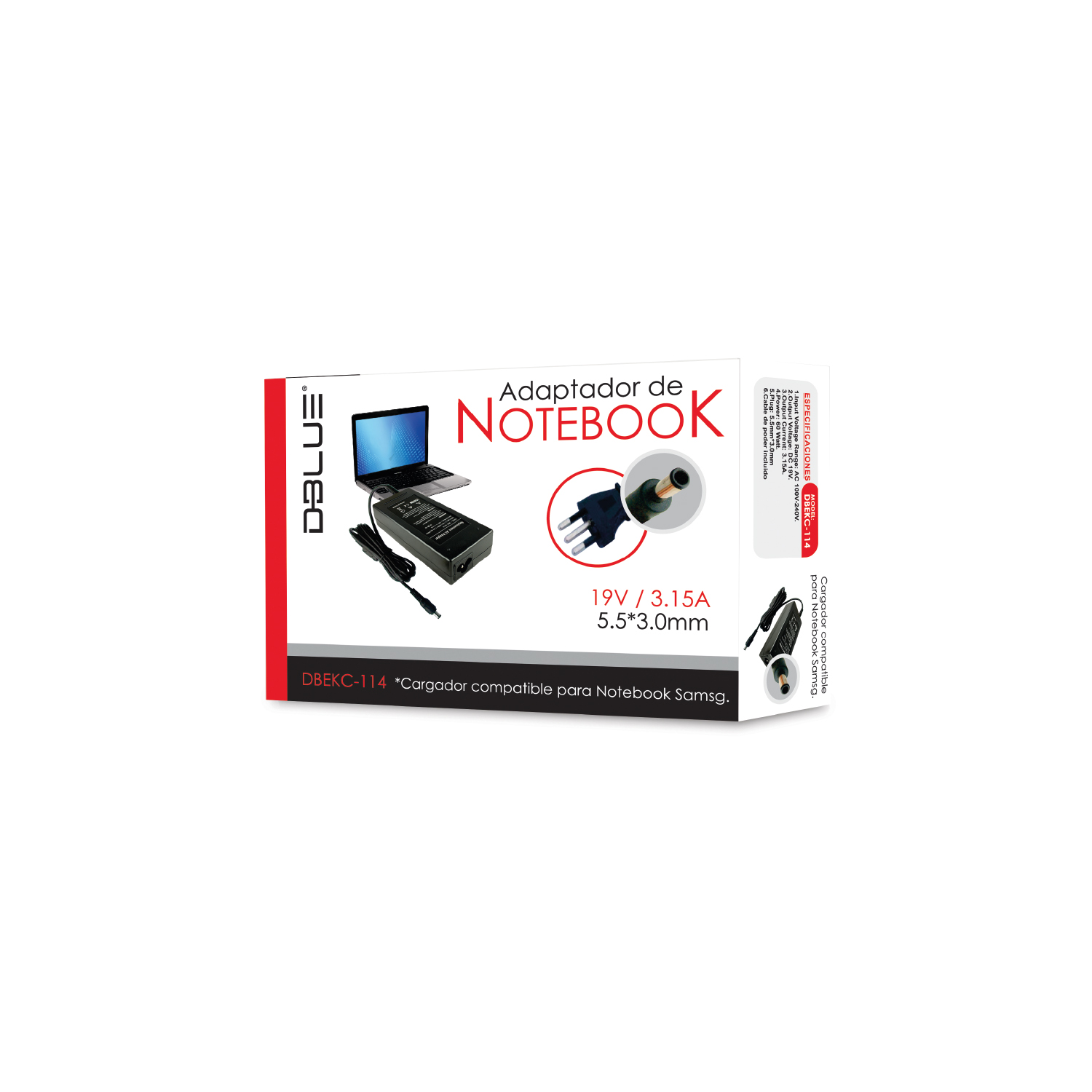CARGADOR NOTEBOOK 19V/3,15A COMPATIBLE CON SAMSUNG (PIN 5.5*3.0*) - 2