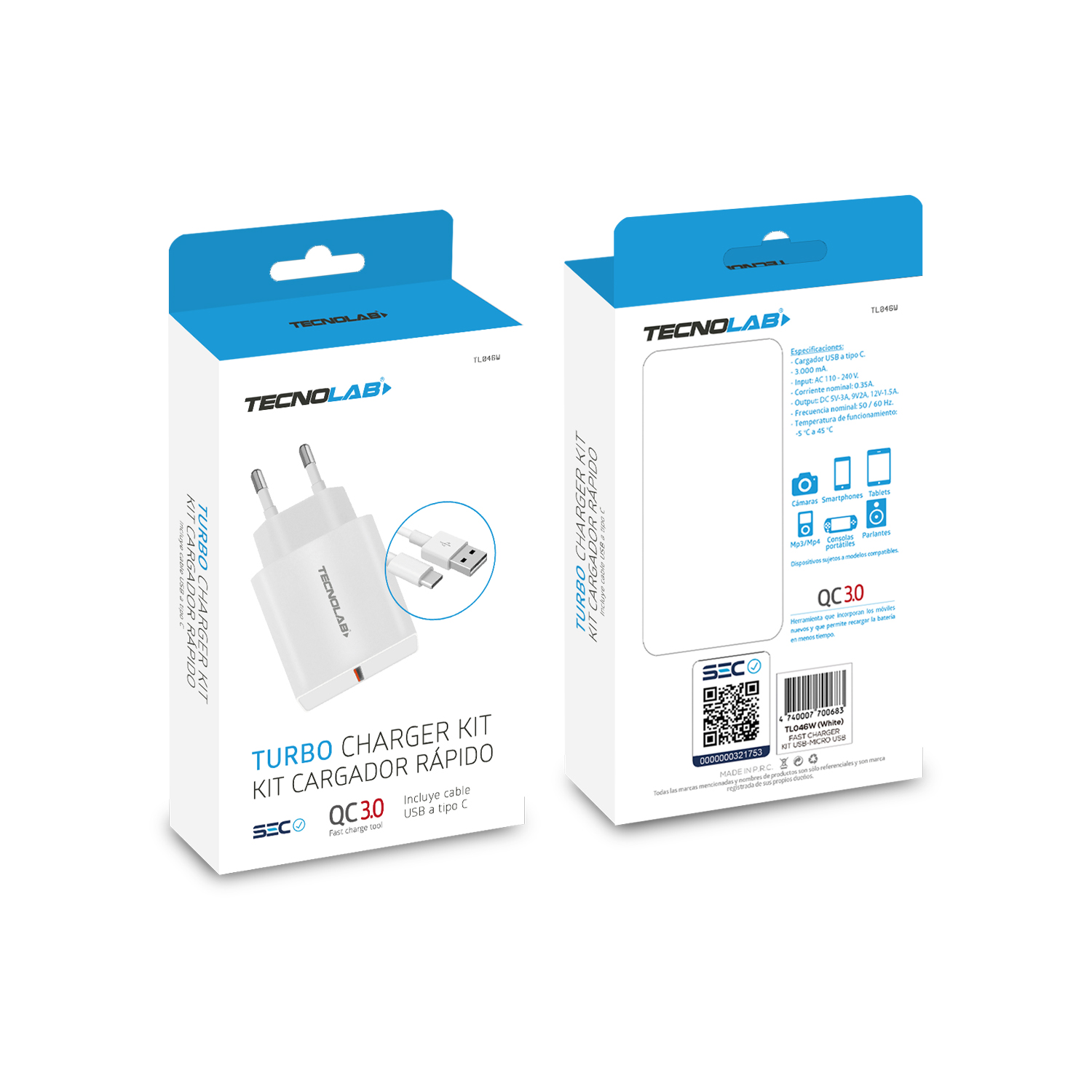 CARGADOR RÁPIDO CERTIFICADO QC 3.0 CON CABLE TYPE C 1M, WHITE - 3